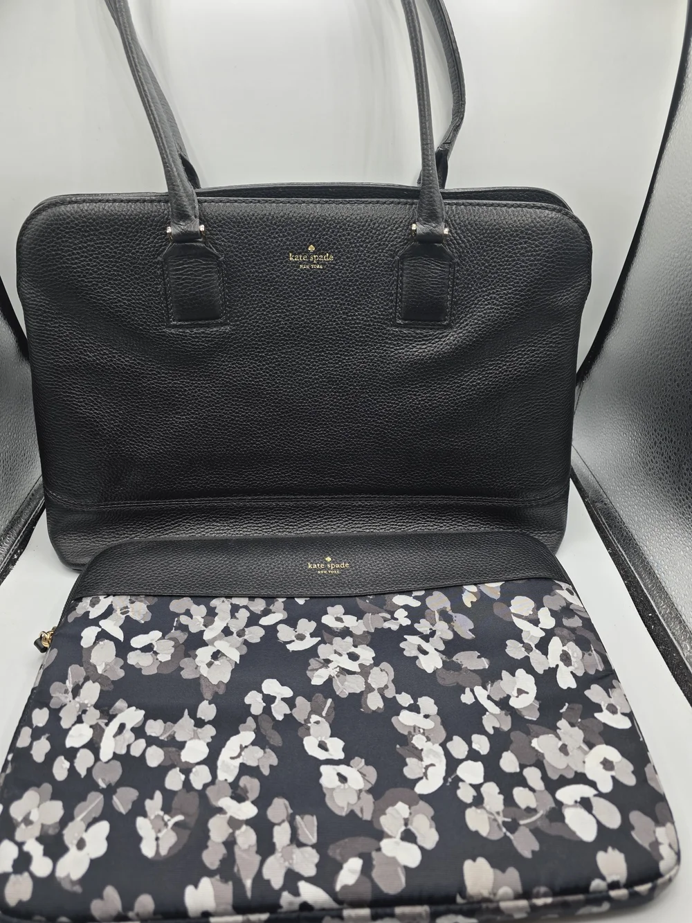 kate spade Black Leather Laptop Bag Tote With  Floral Laptop Tote Bag.